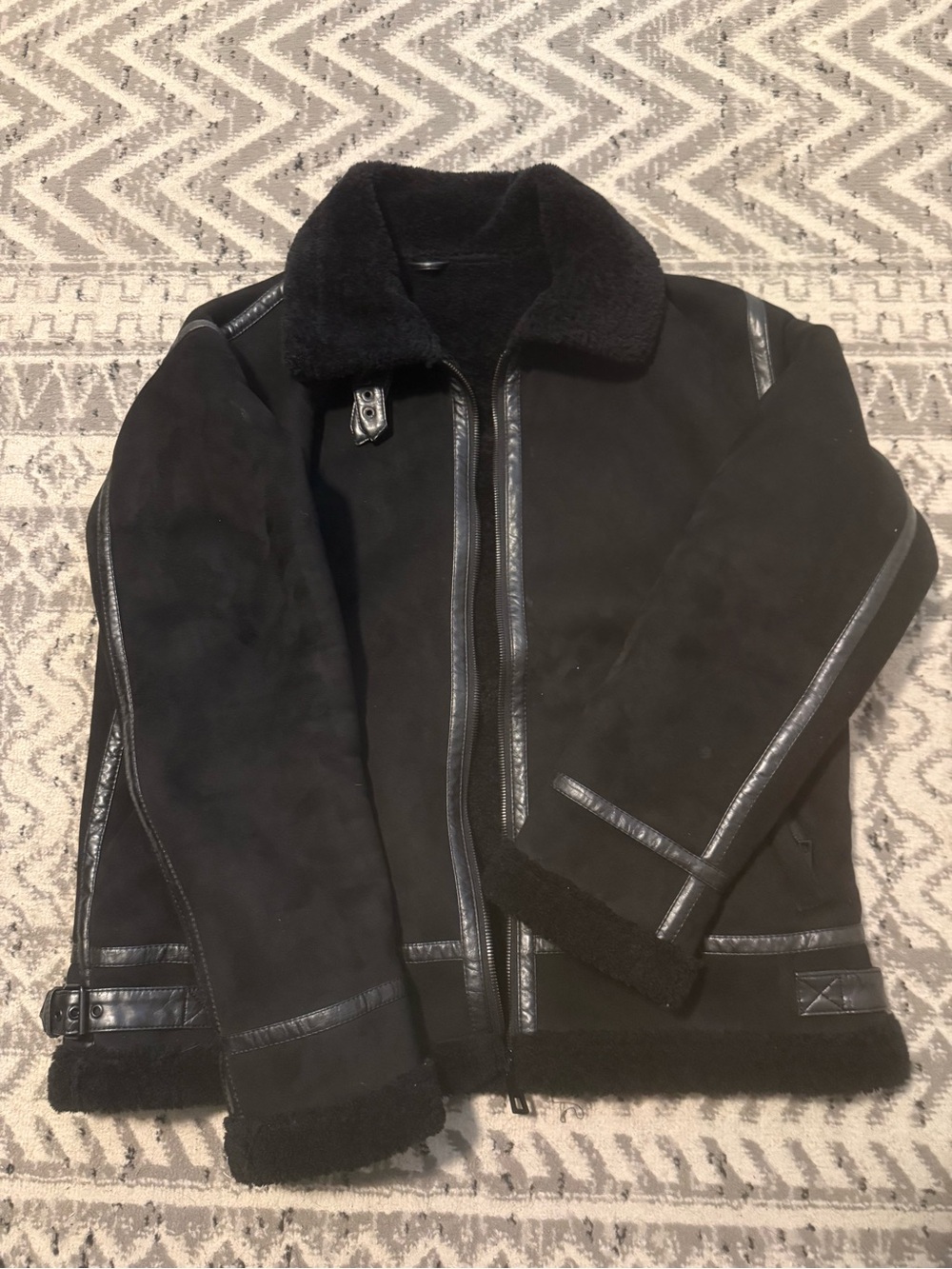 Zara Black Faux Shearling Aviator Moto Jacket Size XL